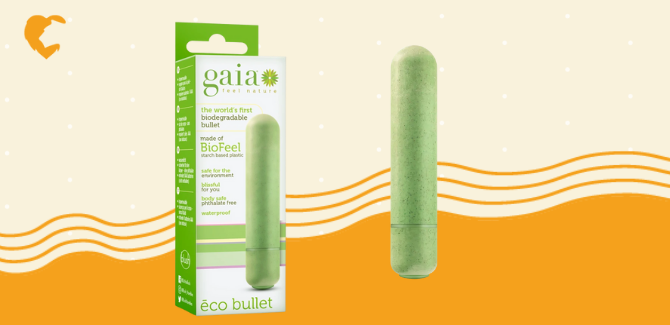 Gaia eco bullet white packaging with green accents on left, right is product image of green bullet. Background is yellow wavy lines on cream and white dotted background with yellow Lion's Den logo in top left.